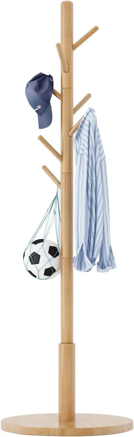 Wooden Coat Rack, Free Standing Coat Stand with 8 Hooks and 3 Height Options, Sturdy Kids Coat Tree Easy to Assemble - The Kings Lots