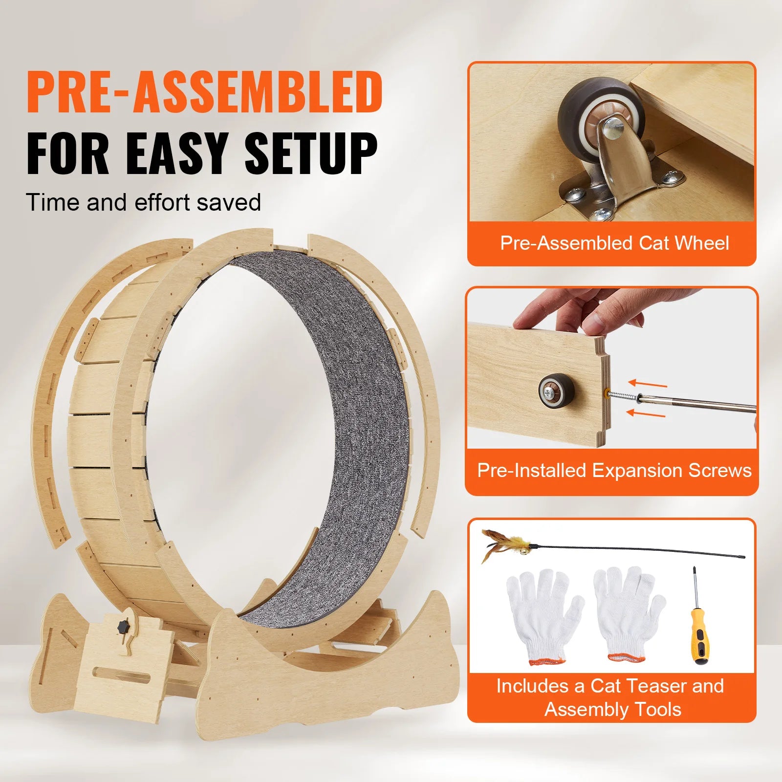 VEVOR Cat Exercise Wheel Natural Wood Silent Running Toy Treadmill Roller Wheel with Detachable Carpet for Most Cats Pet Fitness - The Kings Lots