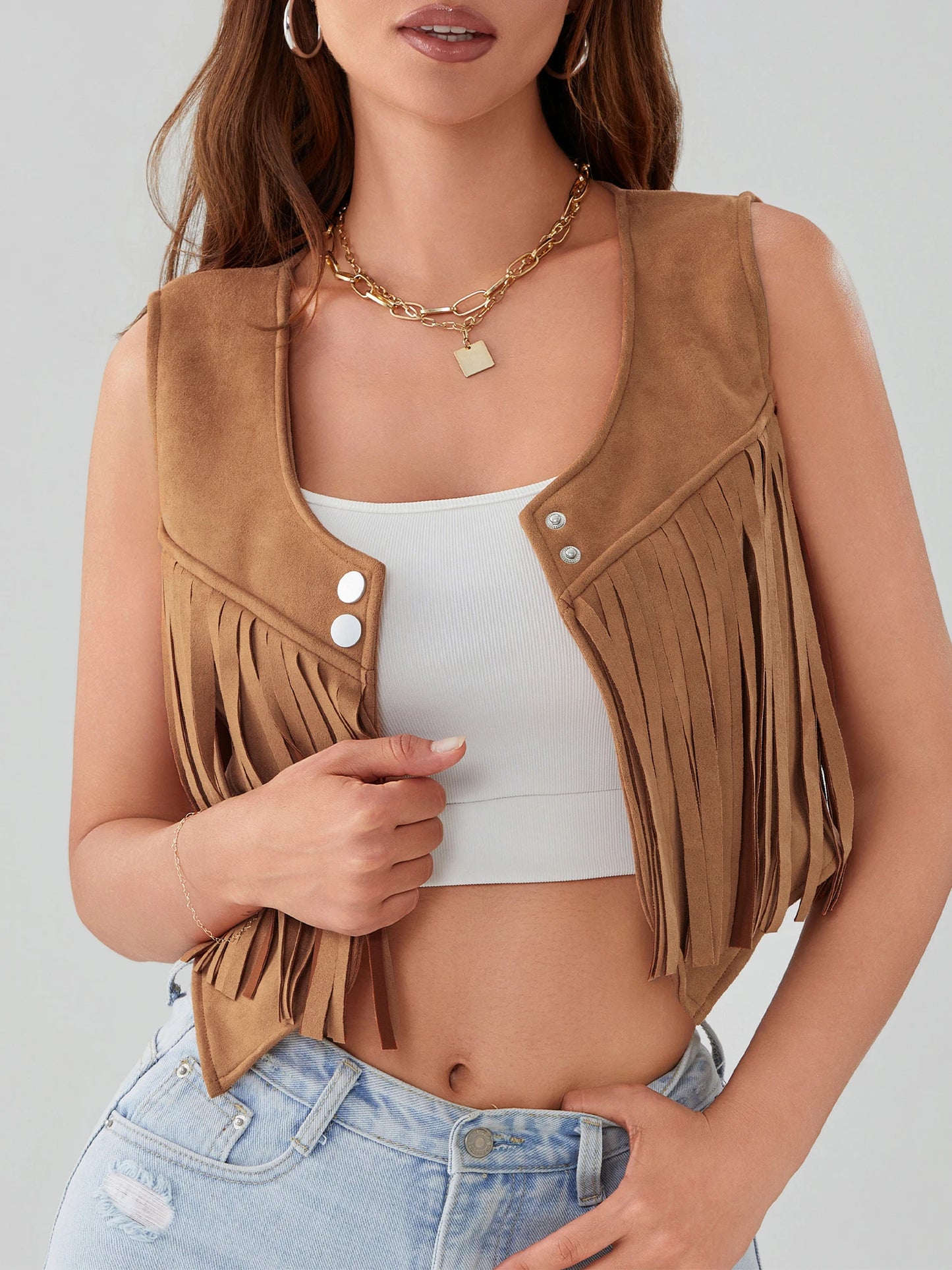 Women’s Tassel Suede Vest Solid Color Front Button Hippie Crop Jacket