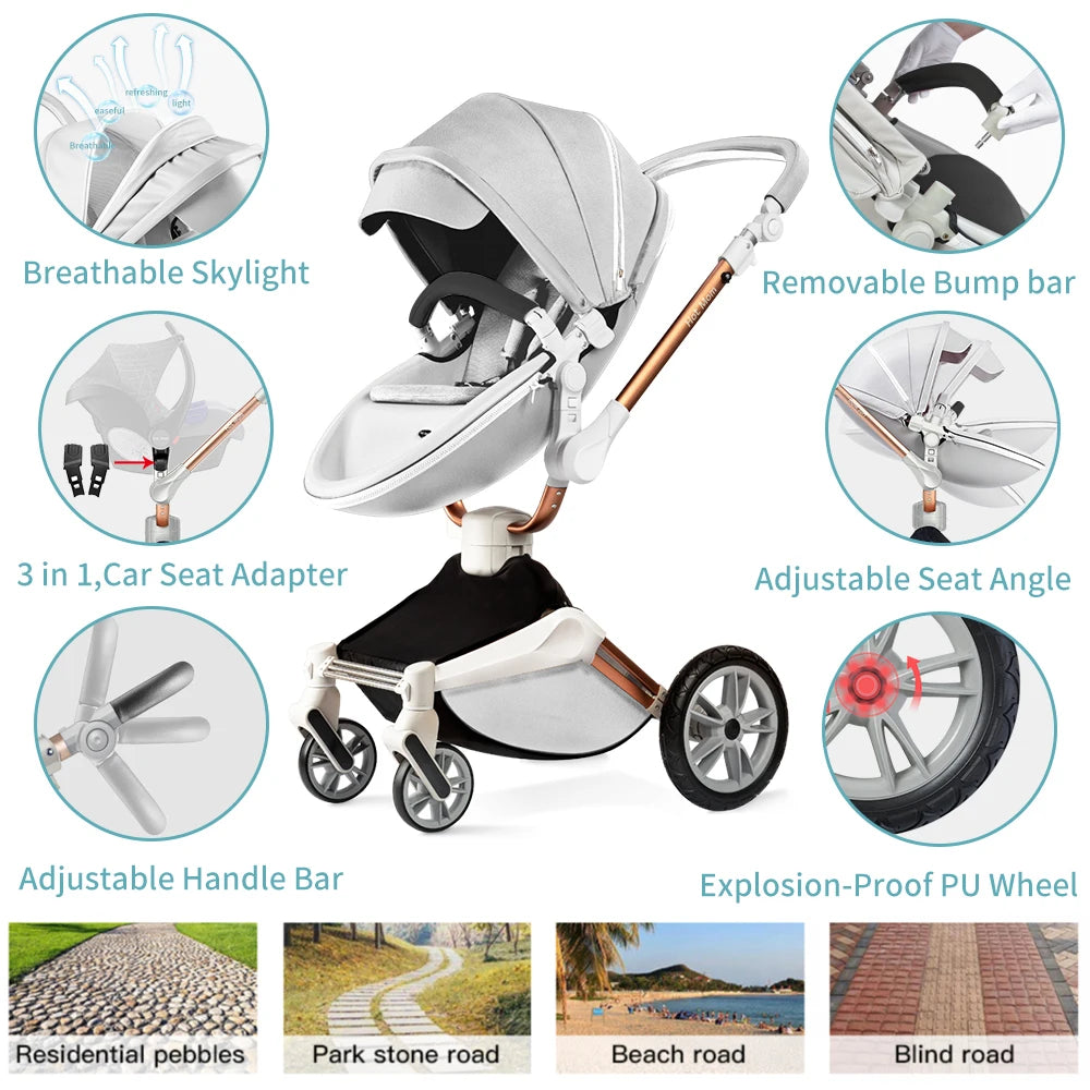 Hot Mom F023 Baby Stroller 2 in 1,Rotates 360 Degrees,PU Leather, Mosquito Net, Rain Cover, Adapter, Cup Holder, large wheels - The Kings Lots