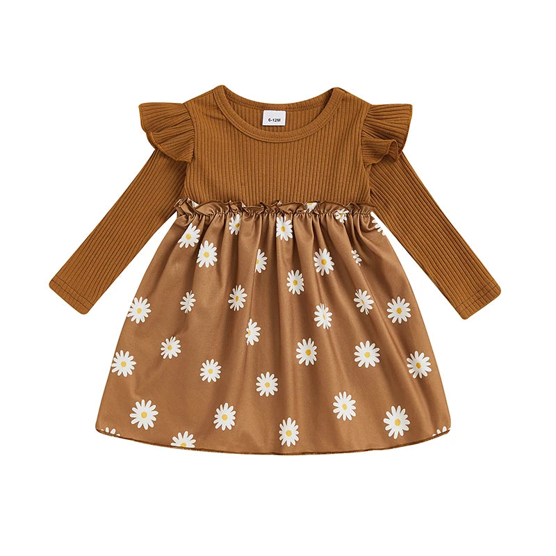 Kids Girls Casual Dress Long Sleeve Dress Crew Neck Flower Print Fall Dress for Daily - The Kings Lots