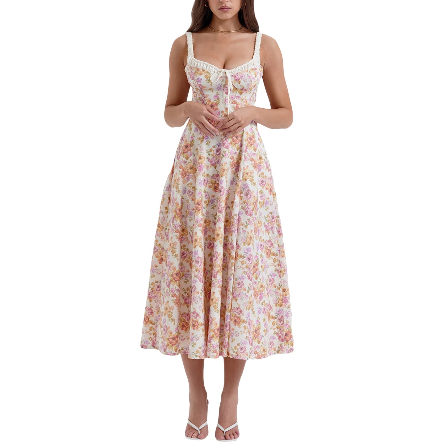 Women Summer Casual Midi Dress Floral Print Low-Cut Sling
