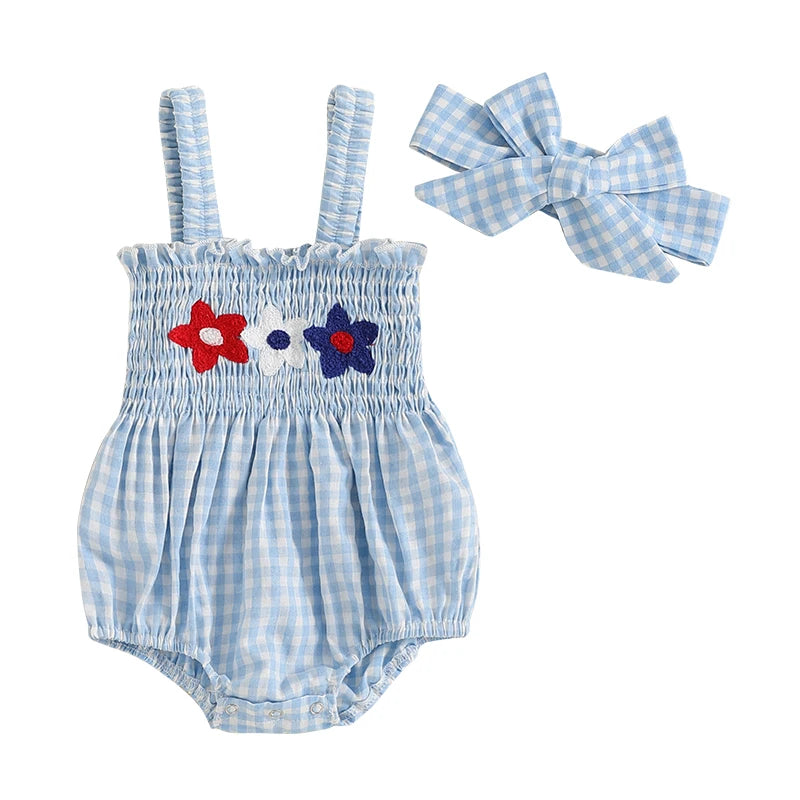 Cute Baby Girl 4th of July Set Red Plaid Romper Headband - The Kings Lots