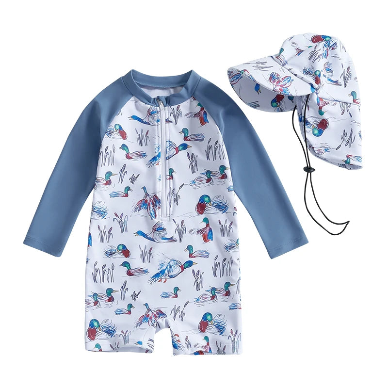 Baby Girls Rash Guard Swimsuit with Hat 2 Pcs Set - The Kings Lots