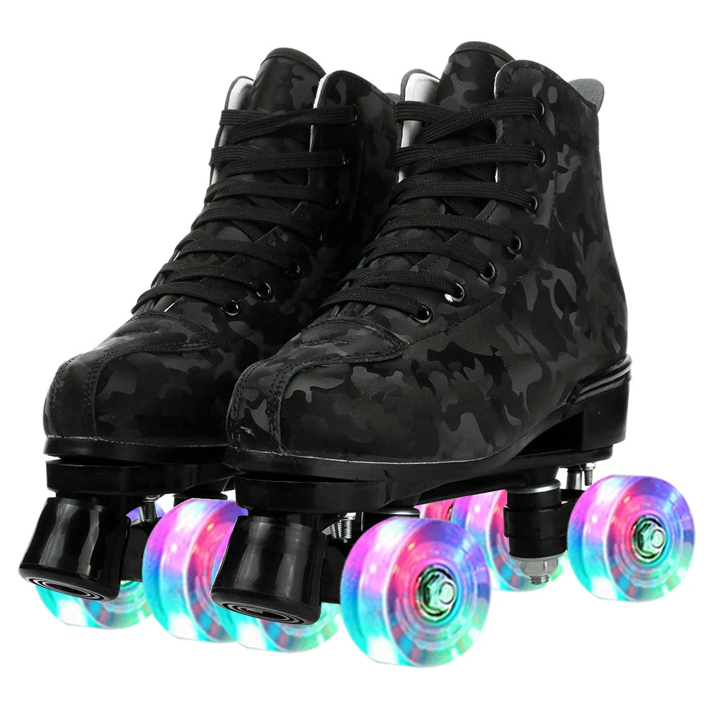 PU Leather Roller Skates Skating Shoes Size 4 Flash Wheels - The Kings Lots