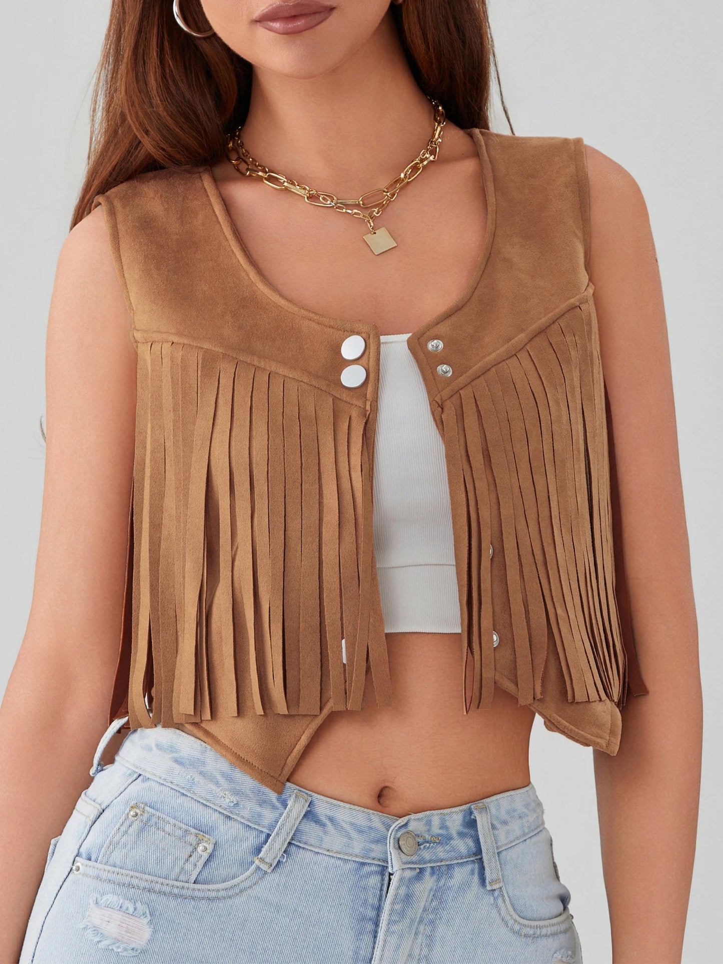 Women’s Tassel Suede Vest Solid Color Front Button Hippie Crop Jacket