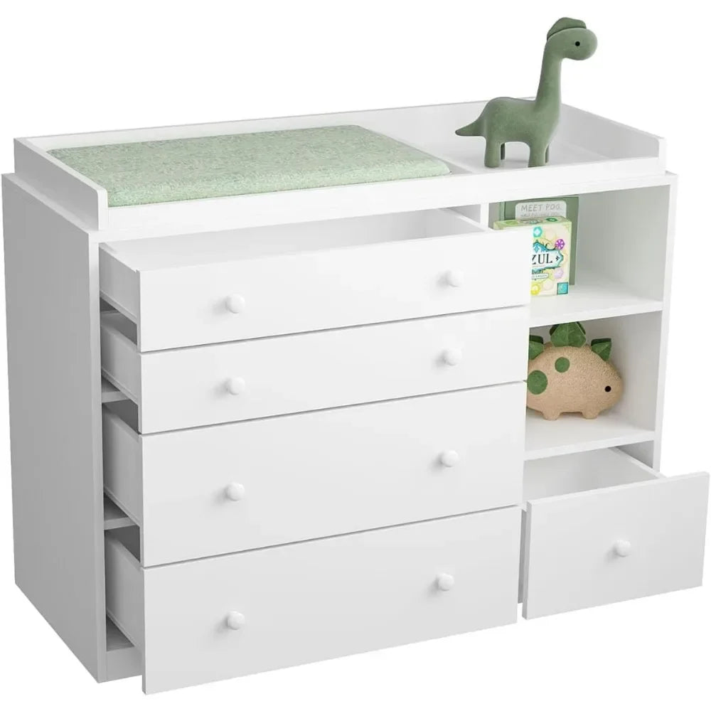 Changing Table Dresser, Baby Dresser with 5 Drawers and 2 Shelves,Multi-Functional Baby Changing Table,Classic Nursery Dresser - The Kings Lots