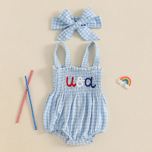 Cute Baby Girl 4th of July Set Red Plaid Romper Headband - The Kings Lots