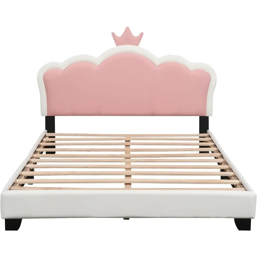 Full Size Upholstered Princess Bed with Crown Headboard, Full Size Platform Bed with Headboard and Footboard Suitable for girls - The Kings Lots