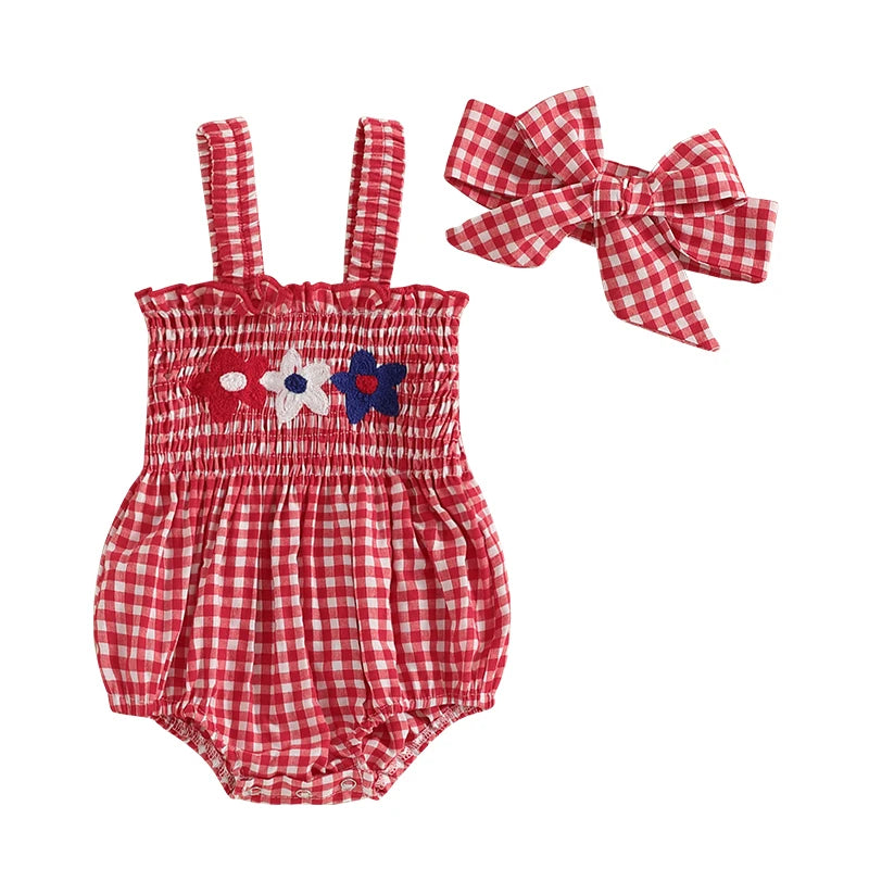 Cute Baby Girl 4th of July Set Red Plaid Romper Headband - The Kings Lots