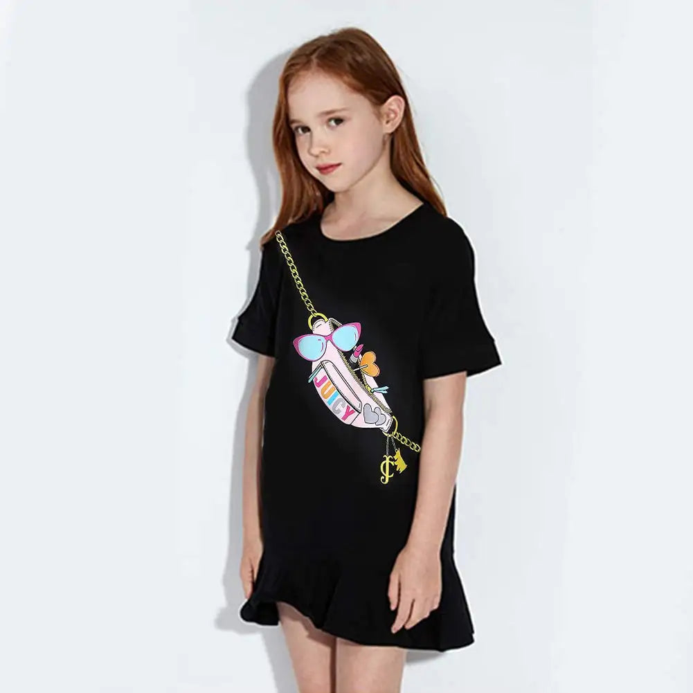 Baby Girl Casual Dress Cotton Short Sleeves Ruffled T-Shirt Dresses with Cute Pattern Black Summer Girl Dress - The Kings Lots