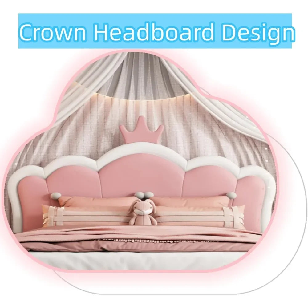 Full Size Upholstered Princess Bed with Crown Headboard, Full Size Platform Bed with Headboard and Footboard Suitable for girls - The Kings Lots
