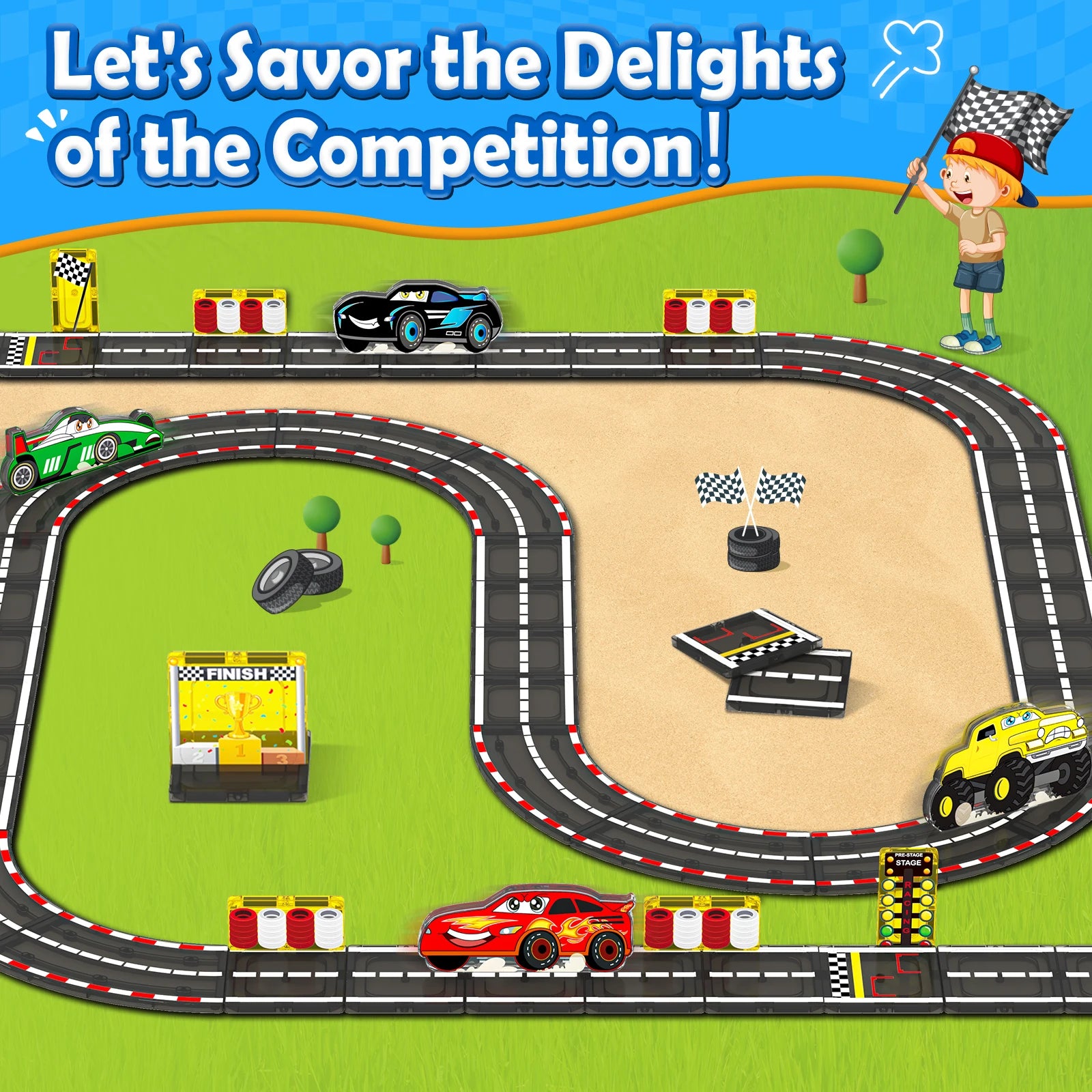 Magnetic Tiles Racing Track & Road Expansion Set for Kids - The Kings Lots