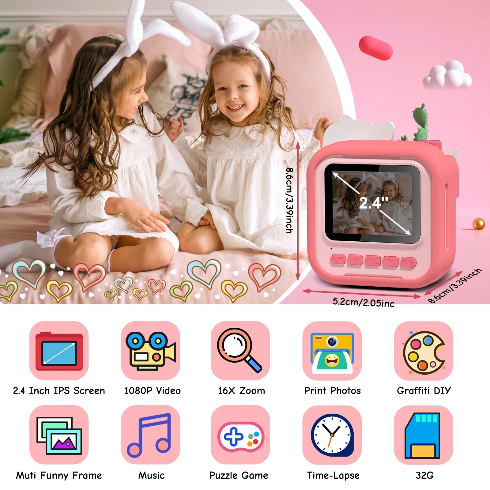 Kids Cartoon Camera Toy 2.4" 12MP Digital Camera 1080P HD - The Kings Lots
