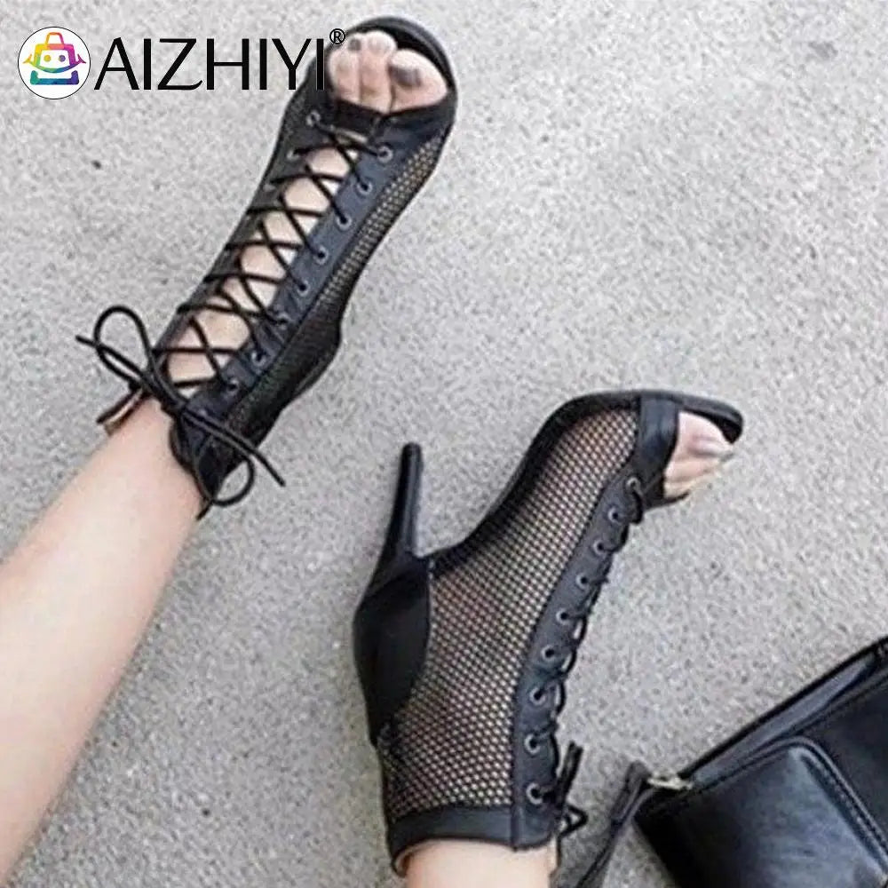 Women High Top Sandals High Heel Mesh Dance Shoes Summer - The Kings Lots