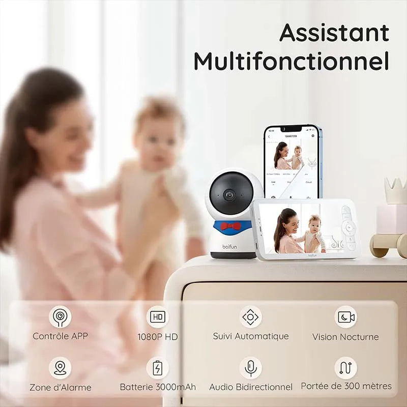 BOIFUN 1080P 5" Baby Monitor Camera, PTZ 355°Camera Baby Motion Monitoring and Automatic Tracking, Monitor and Smartphone - The Kings Lots