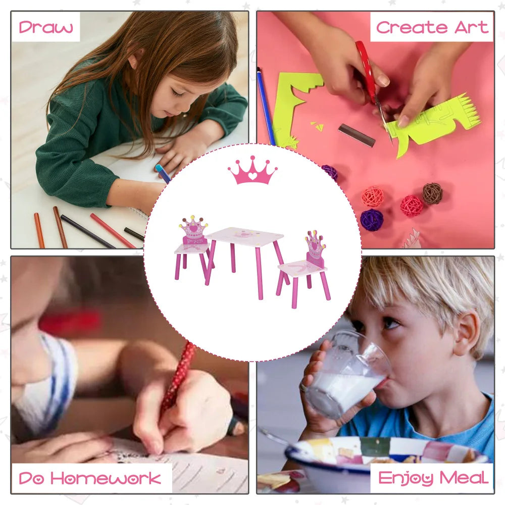 3-Piece Kids Wooden Table and Chair Set with Crown Pattern Gift for Girls Toddlers Arts Reading Writing Age 2-4 Years Pink - The Kings Lots