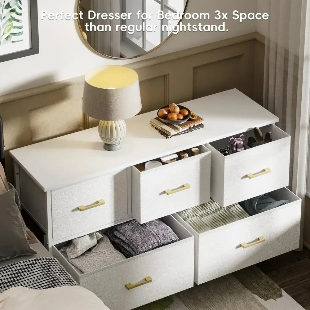 Bedroom 5 Drawer Dresser, White Dresser with Fabric Drawer, Drawer Cabinet PU Finish, Metal Handle, Closet Kids Room, White - The Kings Lots