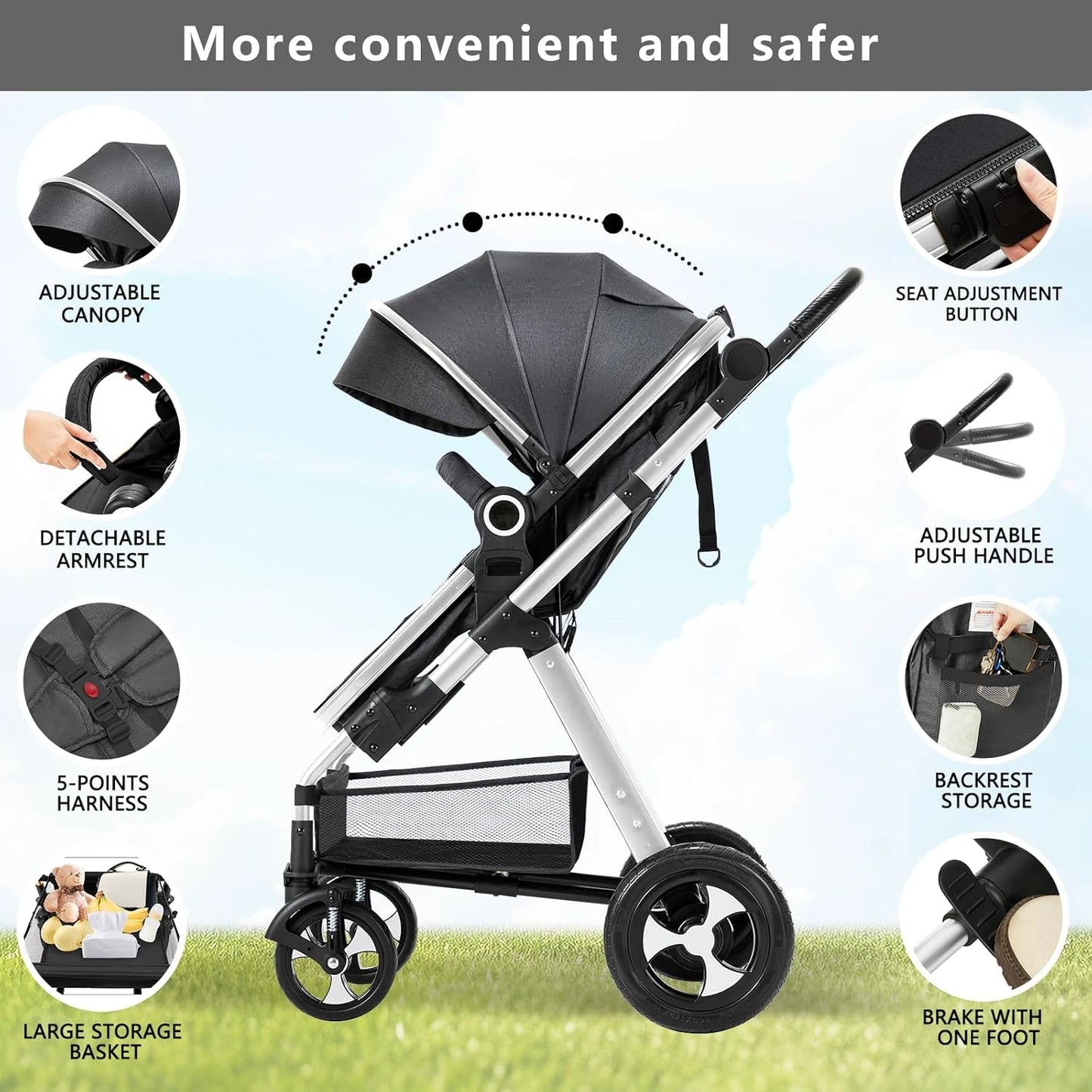 Baby Stroller for Newborn, 2 in1 High Landscape Stroller, Foldable Aluminum Alloy Pushchair with Adjustable Backrest - The Kings Lots