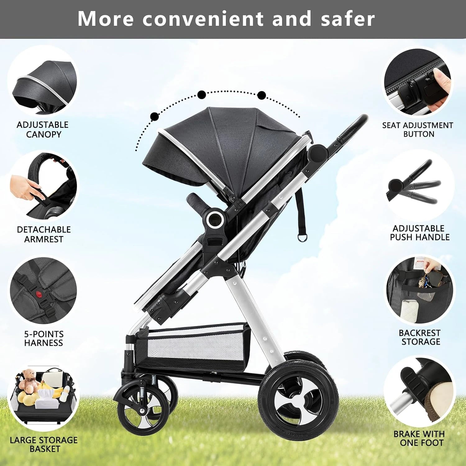 Baby Stroller for Newborn, 2 in1 High Landscape Stroller, Foldable Aluminum Alloy Pushchair with Adjustable Backrest - The Kings Lots