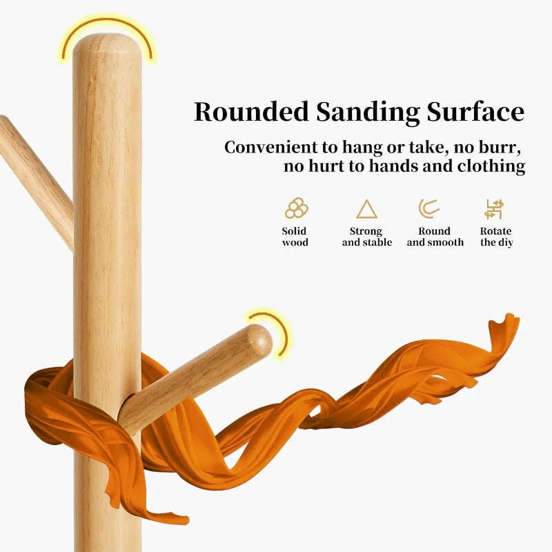 Wooden Coat Rack, Free Standing Coat Stand with 8 Hooks and 3 Height Options, Sturdy Kids Coat Tree Easy to Assemble - The Kings Lots