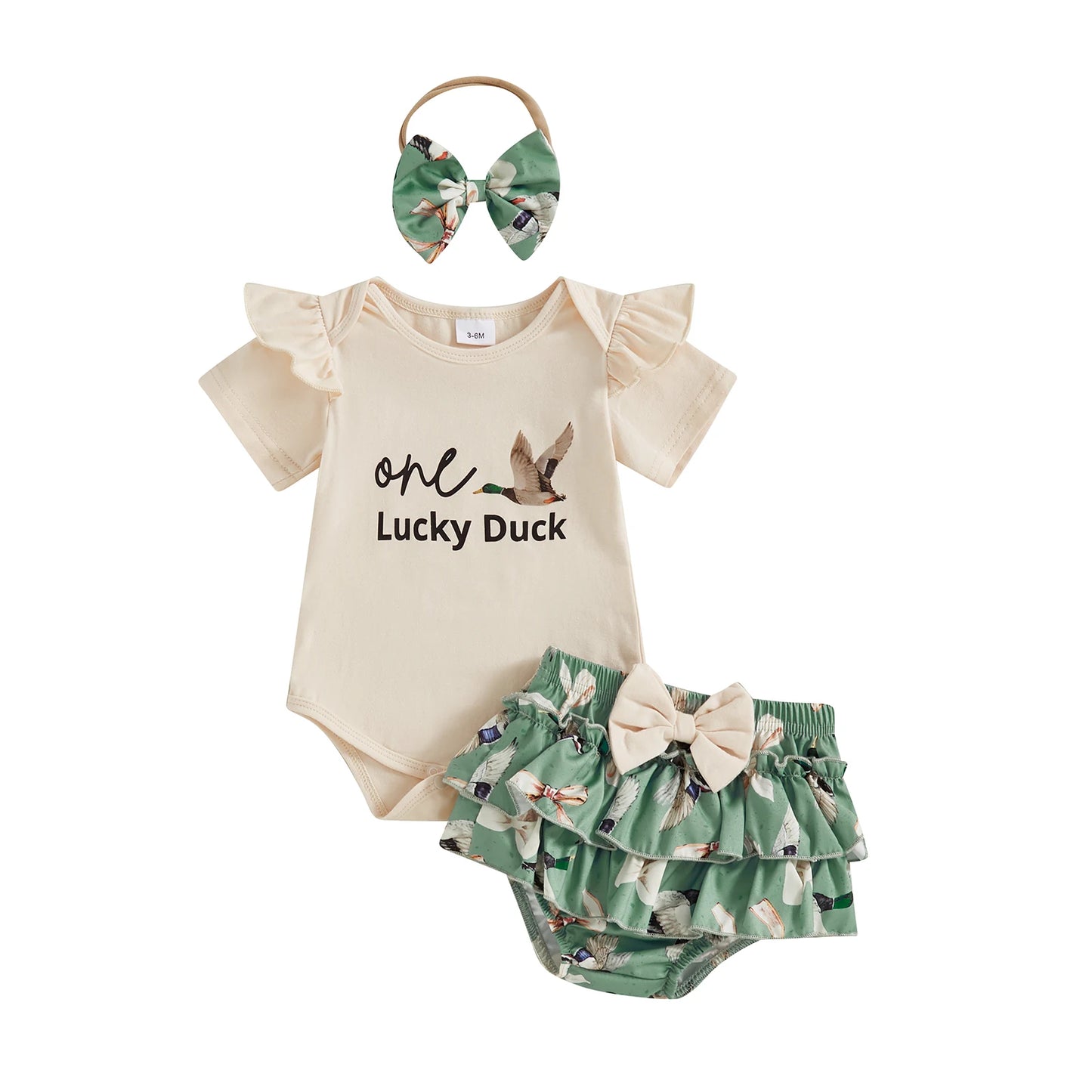 Summer Infant Baby Girl Summer Outfits Short Sleeve Duck Print Romper + Ruffle Shorts + Headband Set Newborn Clothes - The Kings Lots