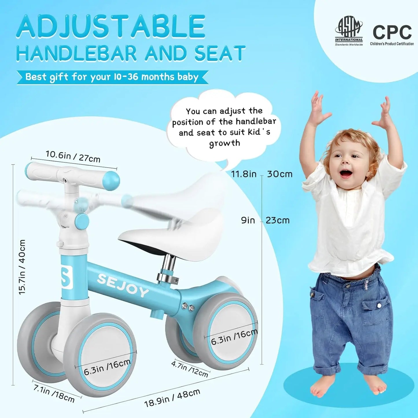 Sejoy Baby Balance Bike Boys Girls Adjustable Toddler Bike - The Kings Lots