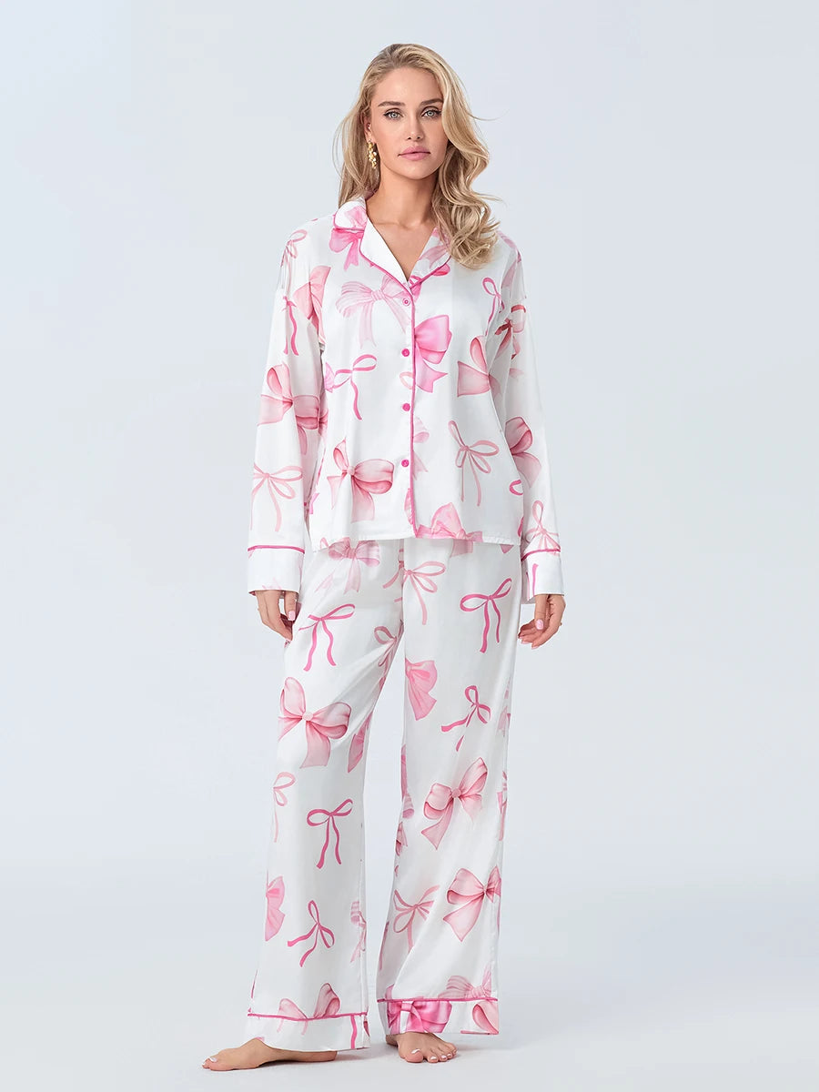 Women S Fall Loungewear Set Bow Print Long Sleeve Shirt Pants