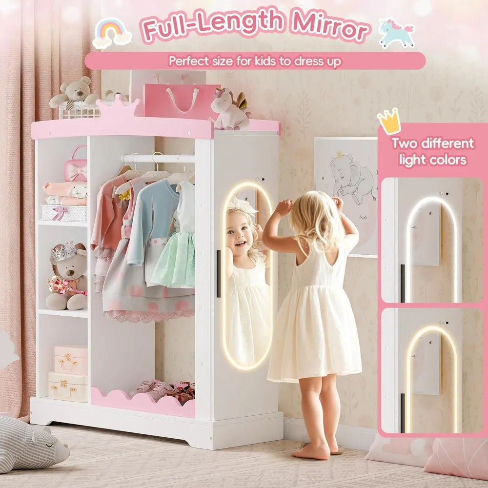 Kids Armoire with Jewelry Cabinet, Dress up Storage with Mirror and Shelves, Princess Dress Closet and Costumes Wardrobe Closet - The Kings Lots