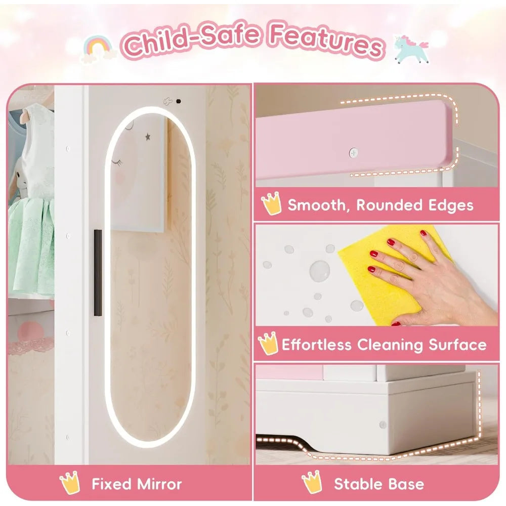 Kids Armoire with Jewelry Cabinet, Dress up Storage with Mirror and Shelves, Princess Dress Closet and Costumes Wardrobe Closet - The Kings Lots