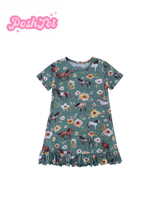 POSHTOT Mustang printed bamboo fiber super comfortable bamboo girls printed Princess dress, ladylike style - The Kings Lots