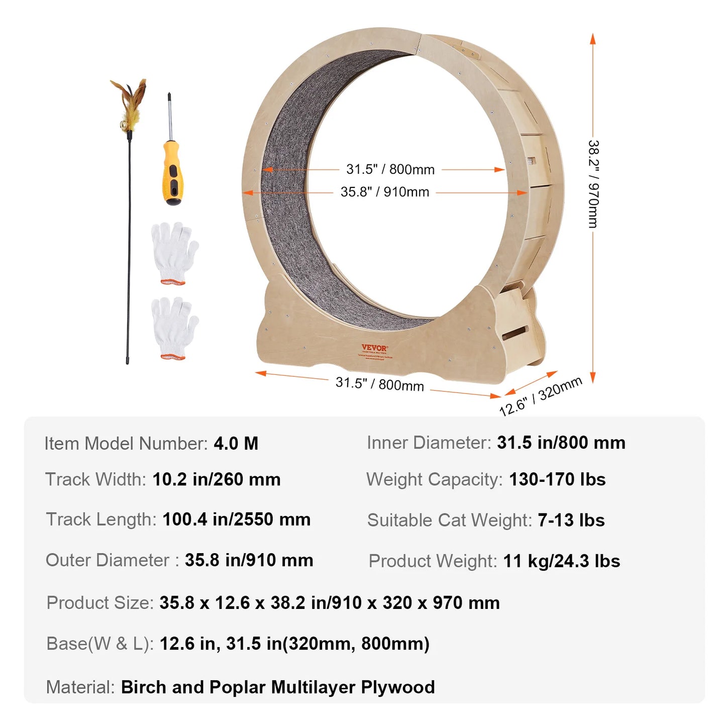 VEVOR Cat Exercise Wheel Natural Wood Silent Running Toy Treadmill Roller Wheel with Detachable Carpet for Most Cats Pet Fitness - The Kings Lots