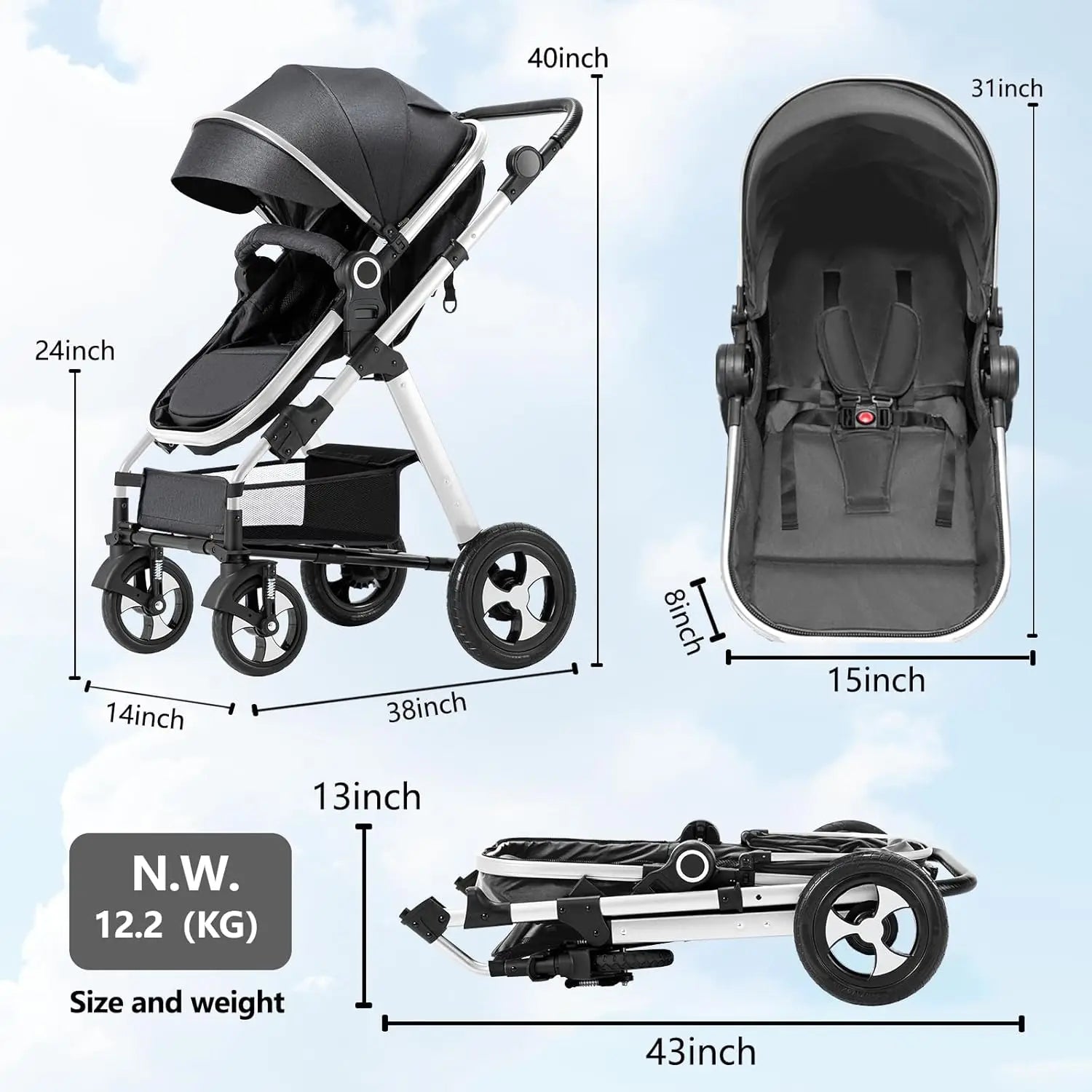 Baby Stroller for Newborn, 2 in1 High Landscape Stroller, Foldable Aluminum Alloy Pushchair with Adjustable Backrest - The Kings Lots