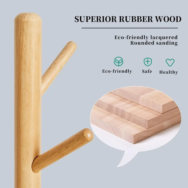 Wooden Coat Rack, Free Standing Coat Stand with 8 Hooks and 3 Height Options, Sturdy Kids Coat Tree Easy to Assemble - The Kings Lots