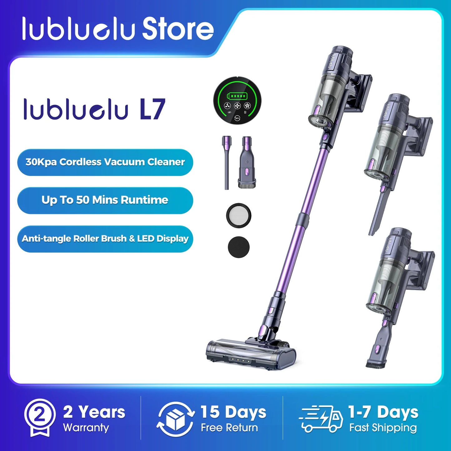 30Kpa Cordless Vacuum Cleaner Lubluelu L7 Lightweight Touch Screen - The Kings Lots