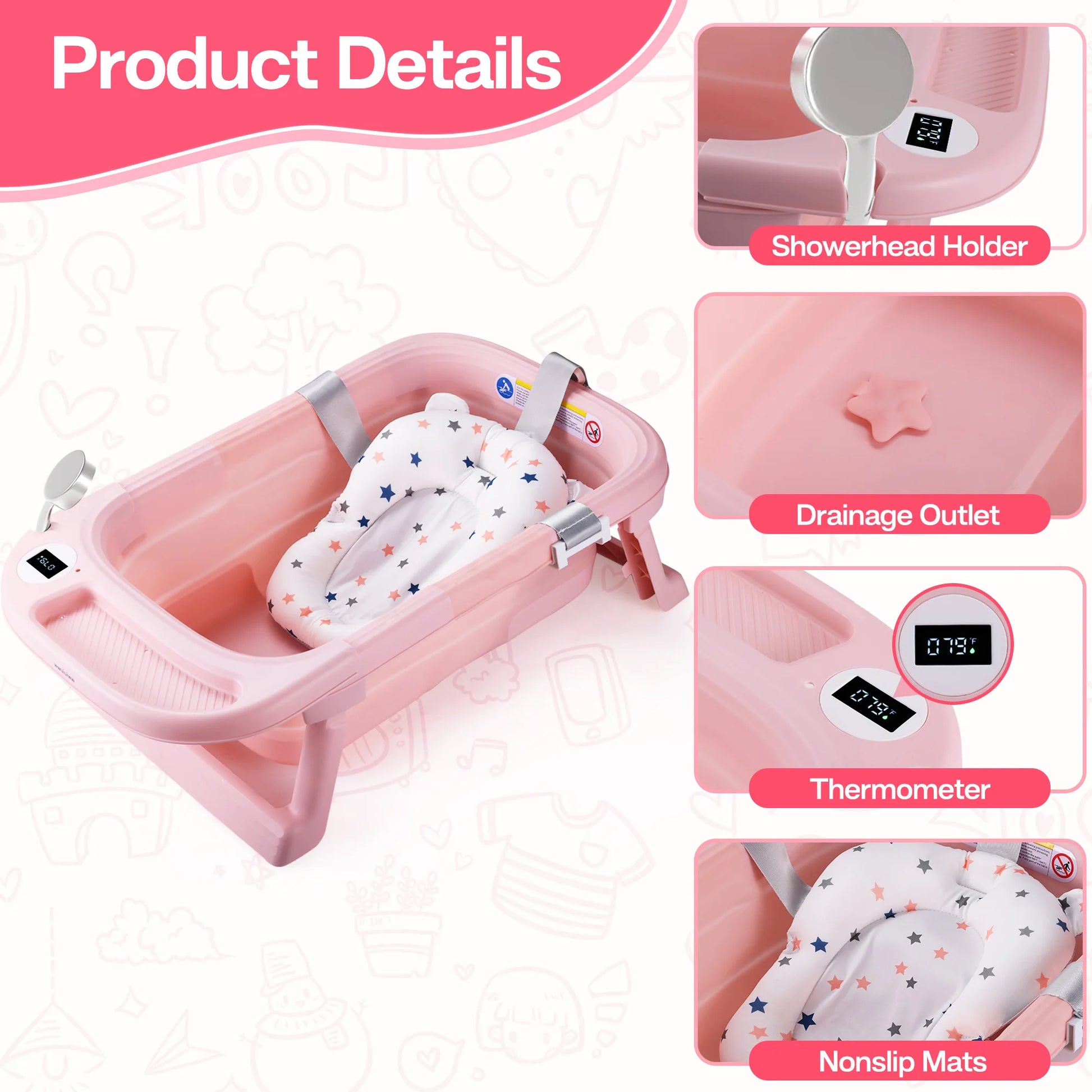 Baby Bathtub with Soft Cushion and Thermometer Portable Tub - The Kings Lots