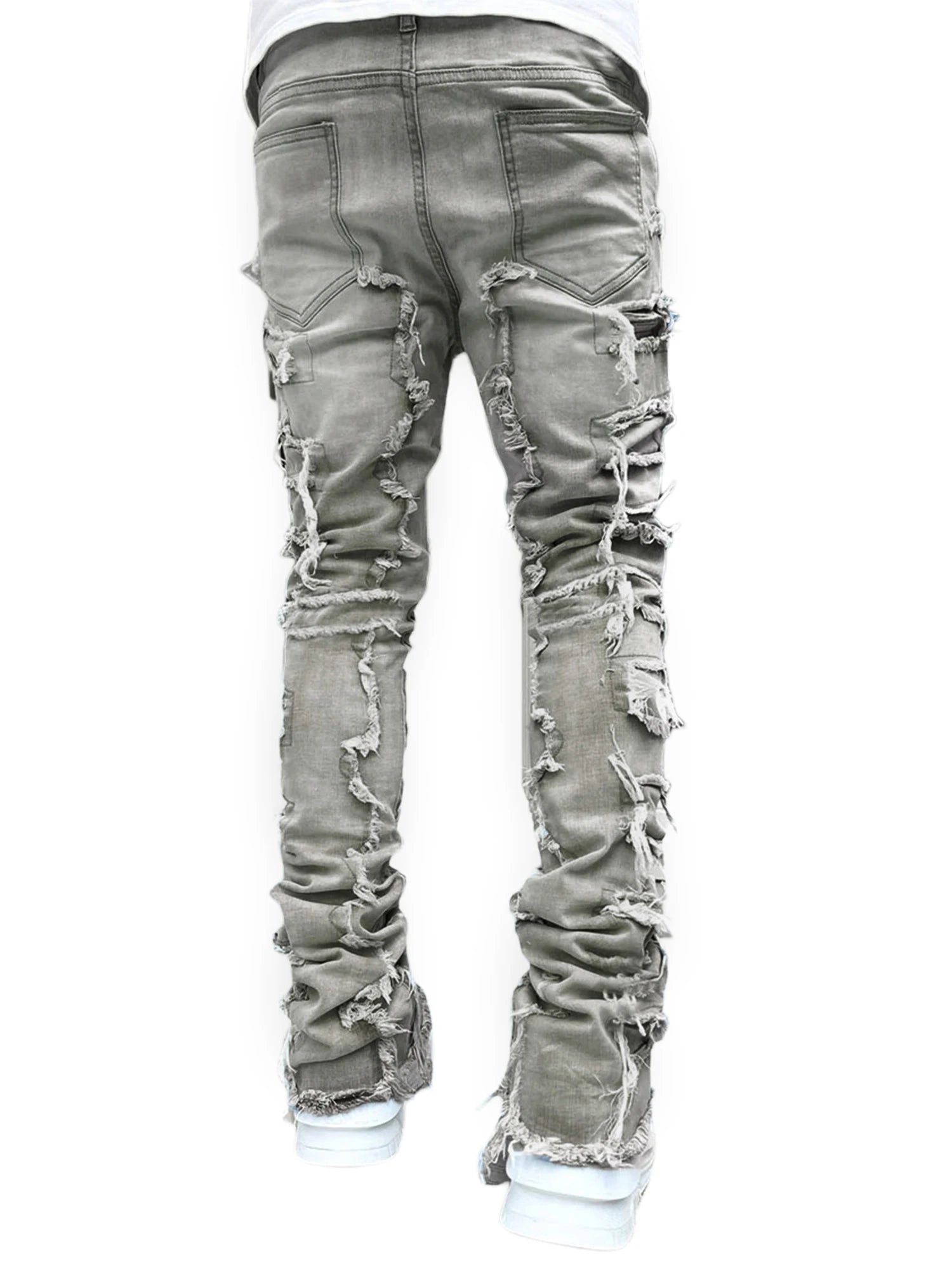 Men Skinny Pants Vintage Patch Frayed Denim Pants Spring Fall Casual Leggings Trousers with Pockets - The Kings Lots