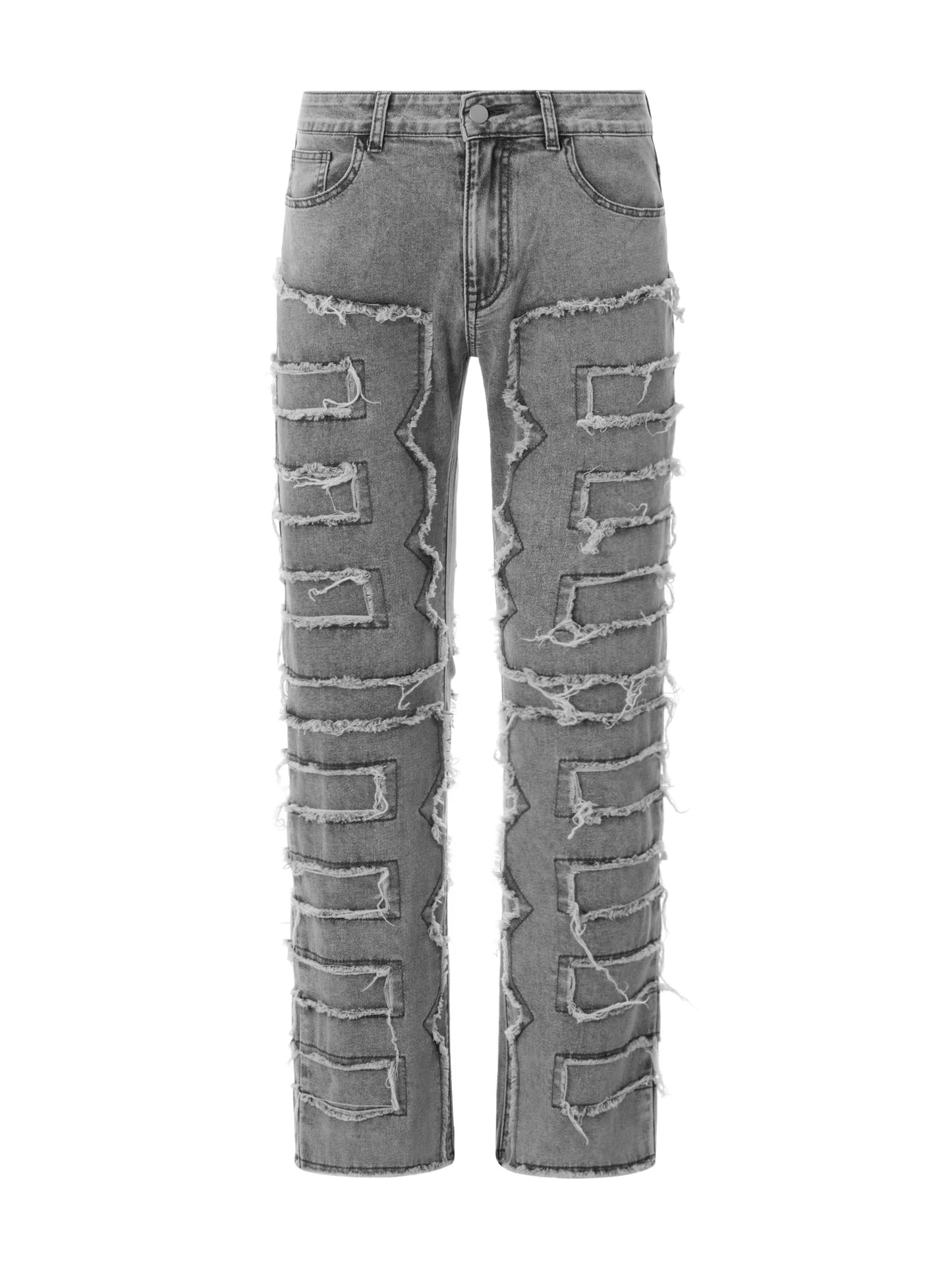 Men Skinny Pants Vintage Patch Frayed Denim Pants Spring Fall Casual Leggings Trousers with Pockets - The Kings Lots