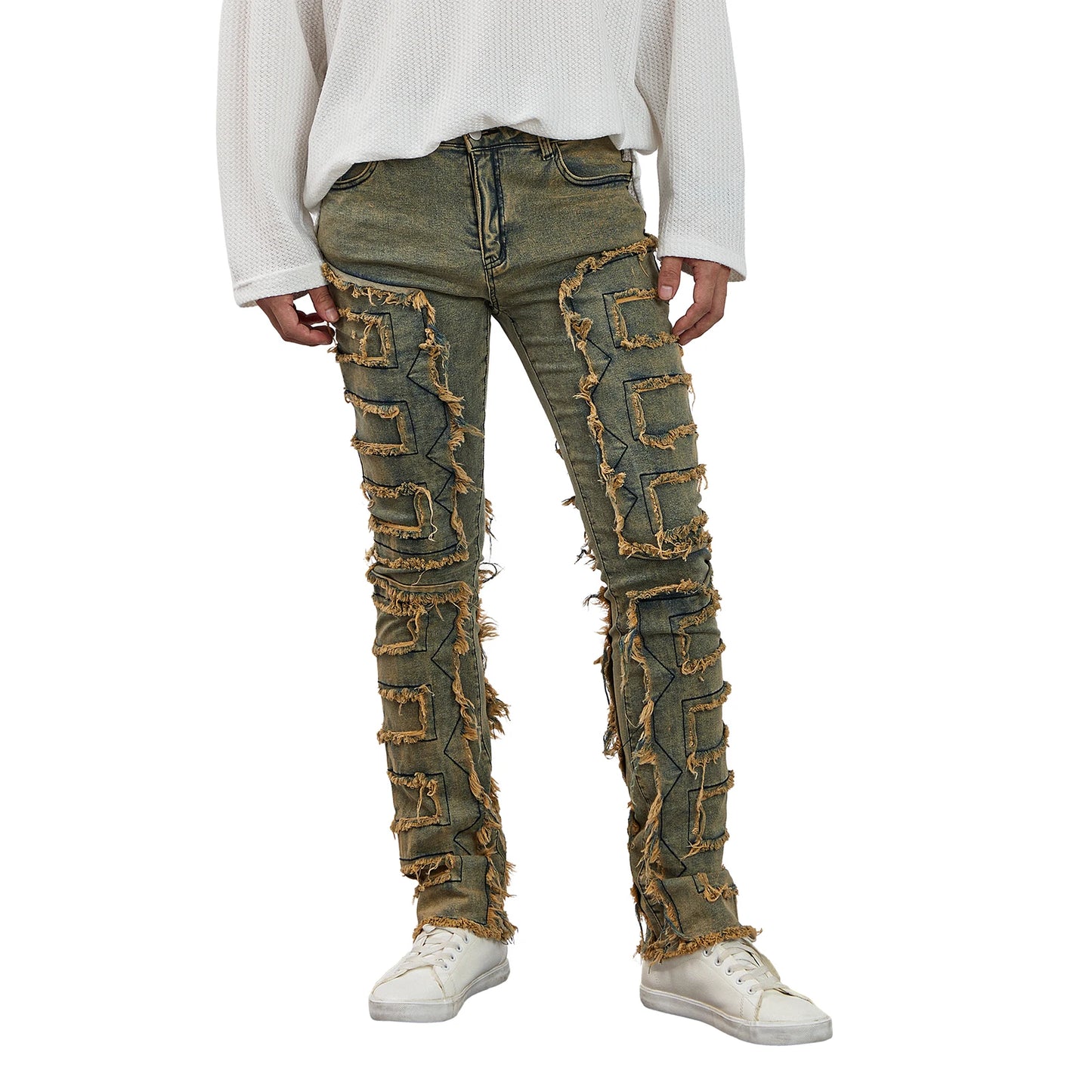 Men Skinny Pants Vintage Patch Frayed Denim Pants Spring Fall Casual Leggings Trousers with Pockets - The Kings Lots