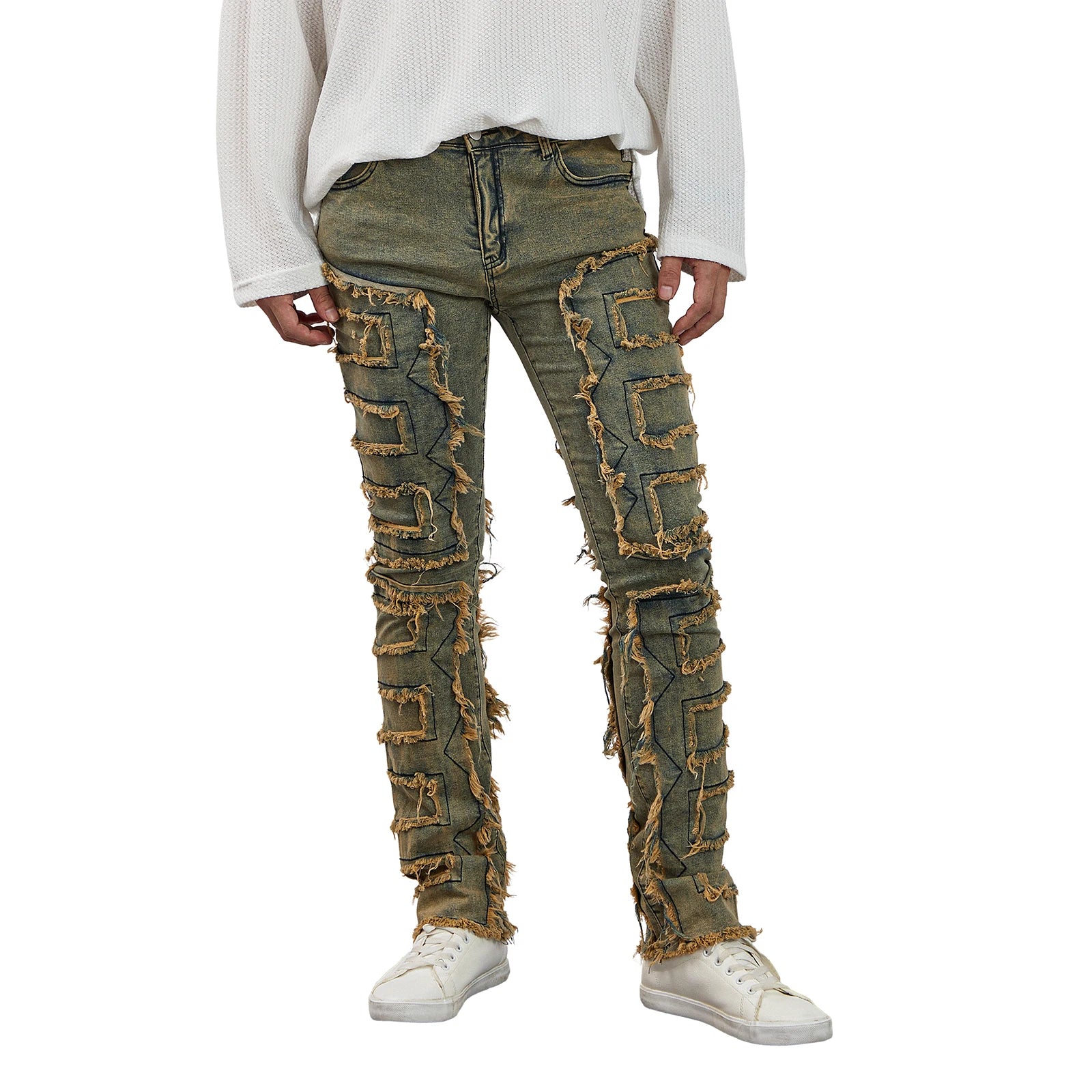 Men Skinny Pants Vintage Patch Frayed Denim Pants Spring Fall Casual Leggings Trousers with Pockets - The Kings Lots