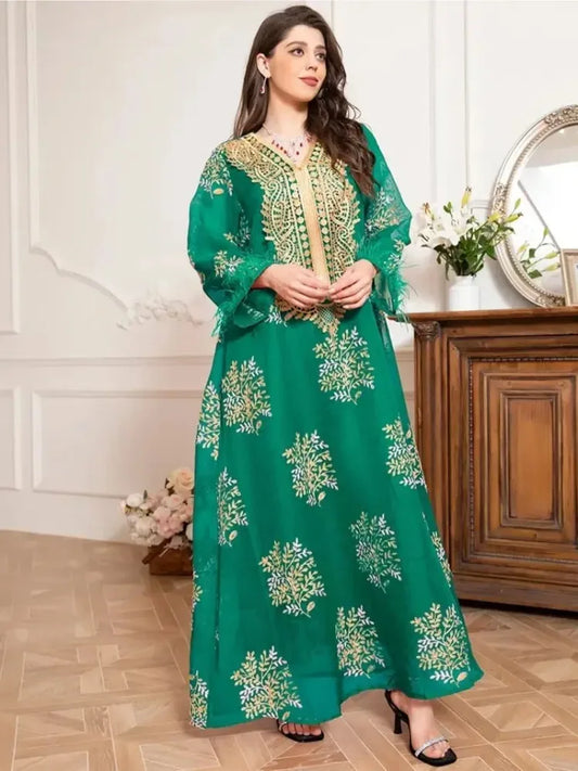 Charming banquet style Round neck Printing Embroidery Regular sleeve Kaftan suitable for all seasons - The Kings Lots