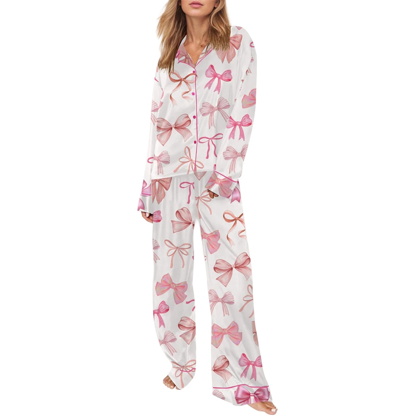 Women S Fall Loungewear Set Bow Print Long Sleeve Shirt Pants
