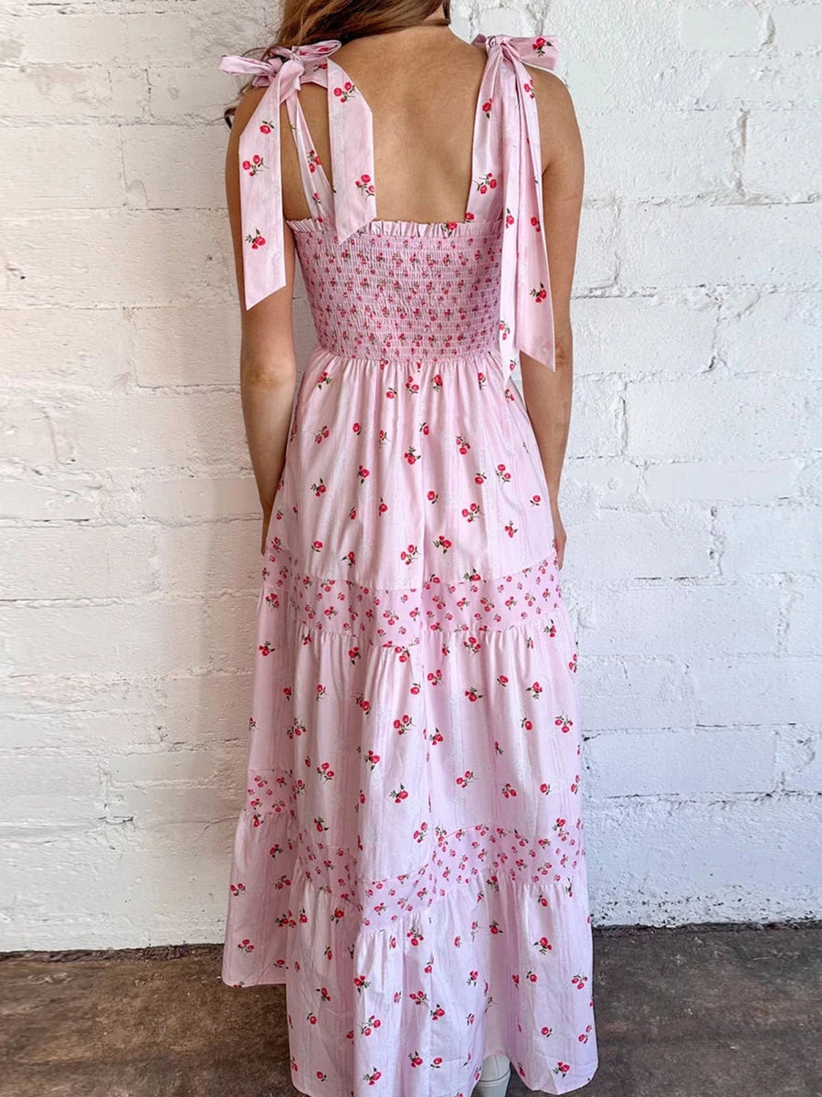 Elegant V-Neck Maxi Dress Sleeveless Floral Print Tie-Up Dress for Summer Beach Wedding Party or Daily Wear - The Kings Lots