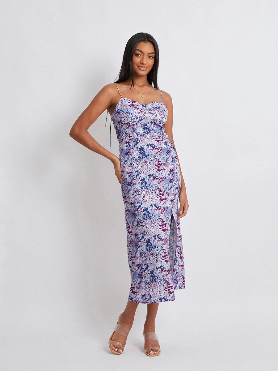 Women Floral Sleeveless Dress Summer Spaghetti Strap Split Party Long Dress for Cocktail Beach Streetwear - The Kings Lots