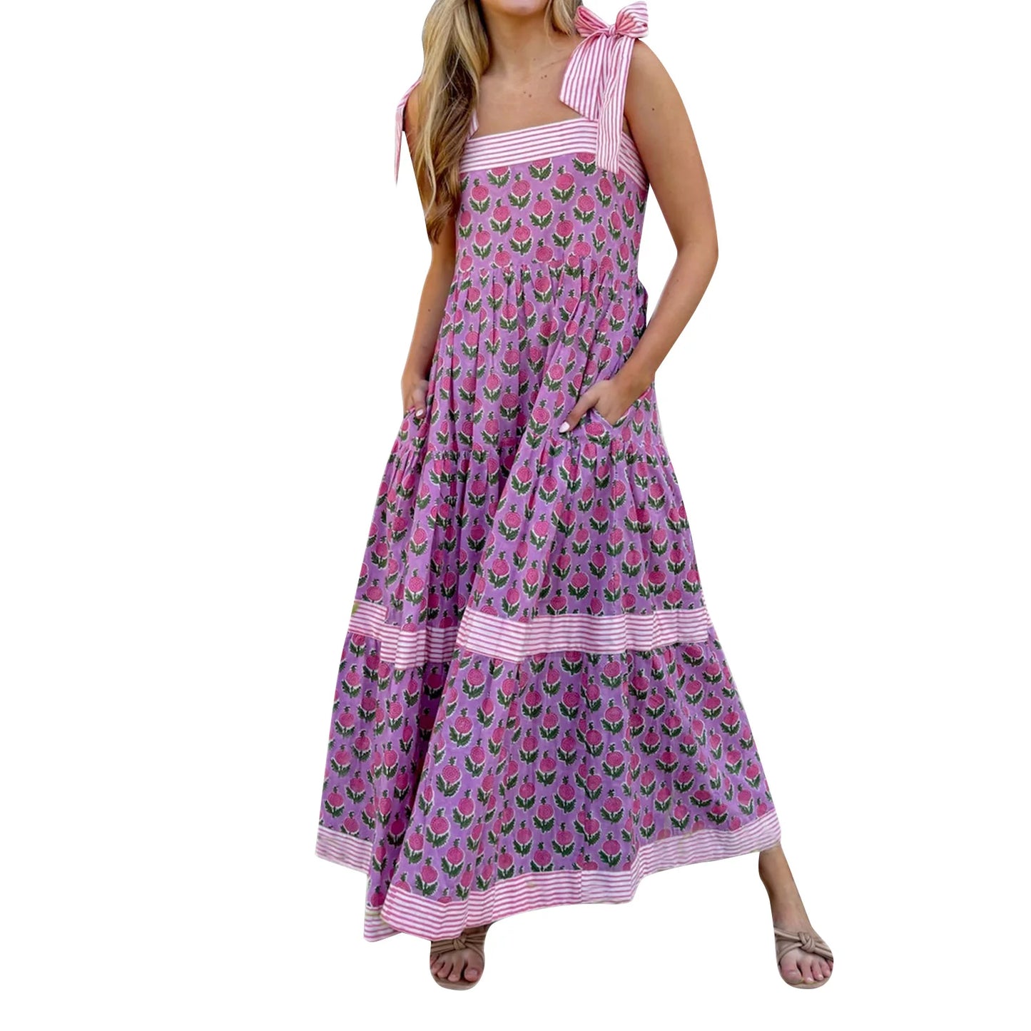 Elegant Maxi Dress with Boho Floral Print and Tie-Up Straps