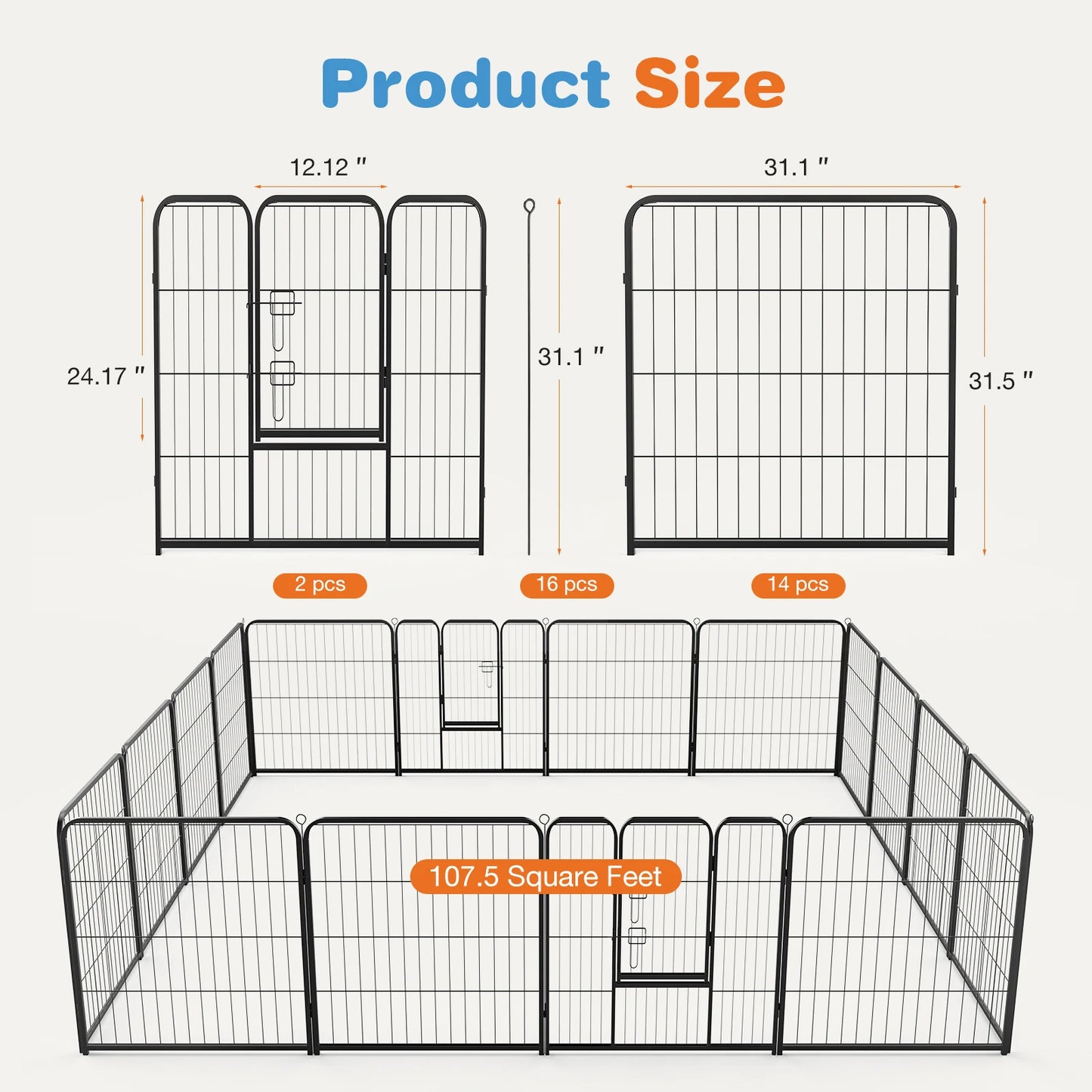 JHK 16 Panel Dog Playpen Indoor Pet Fence Heavy Duty Gate