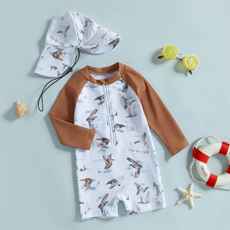 Baby Girls Rash Guard Swimsuit with Hat 2 Pcs Set - The Kings Lots