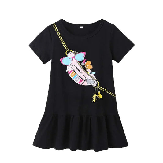 Baby Girl Casual Dress Cotton Short Sleeves Ruffled T-Shirt Dresses with Cute Pattern Black Summer Girl Dress - The Kings Lots