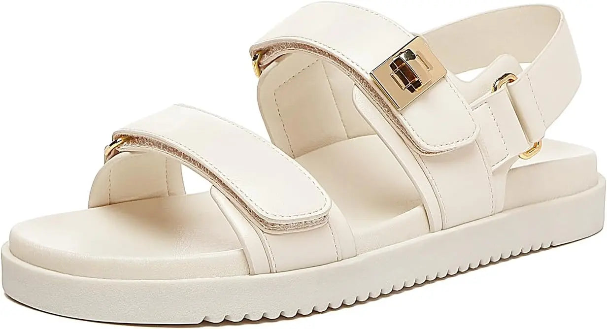 Women's Flat Sandals Comfort Adjustable Double Strap Slip on Leather Footbed Sandals - The Kings Lots