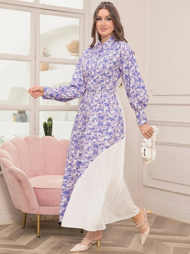 Elegant Floral Print High Neck Belted Maxi Dress for Spring
